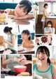 A collage of photos of a woman eating a cake.