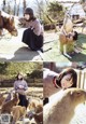 A collage of photos of a woman with a horse and a kangaroo.